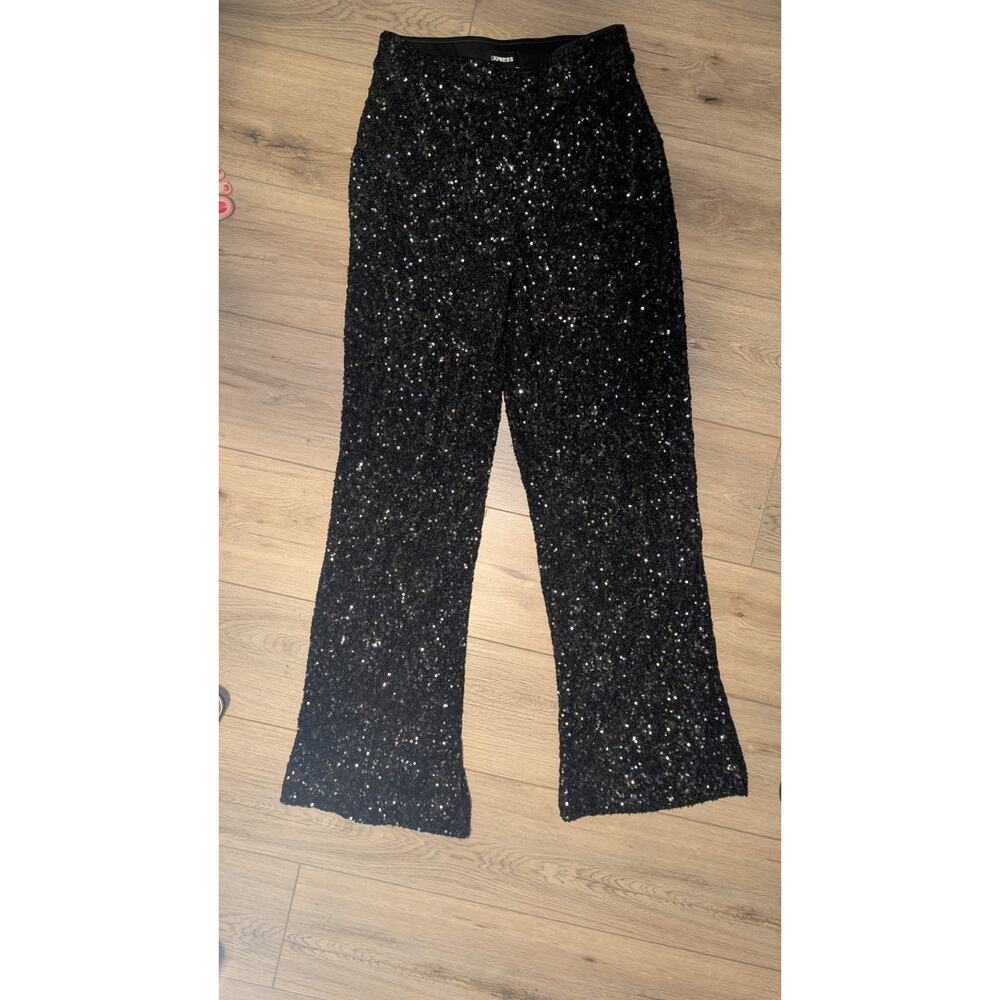 Express Womens Black Sequin High Waisted Straight Leg Pants Sparkly Disco Party